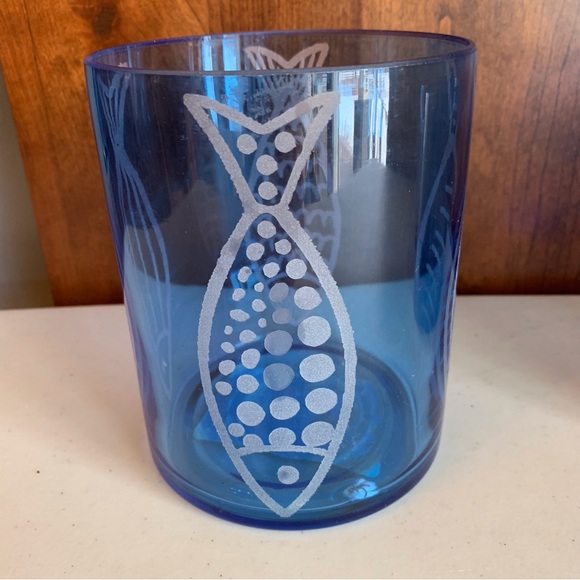 Lone Elm Studios Set of 3 Cobalt Blue Hurricane Lamps Votives Etched Fish - Picture 2 of 9
